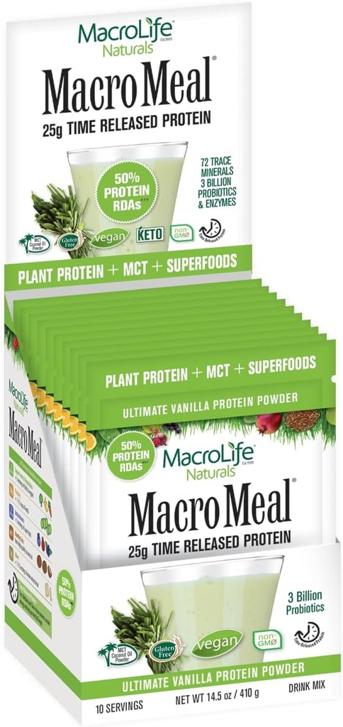 MacroLife Naturals MacroMeal Vegan Vanilla Superfood Supplement Powder Protein + Greens, Probiotics, Digestive Enzymes, Fiber - Ενέργεια, Detox, Ανοσοποιητικό - Μη ΓΤΟ, Χωρίς γλουτένη - 10 συσκευασίες