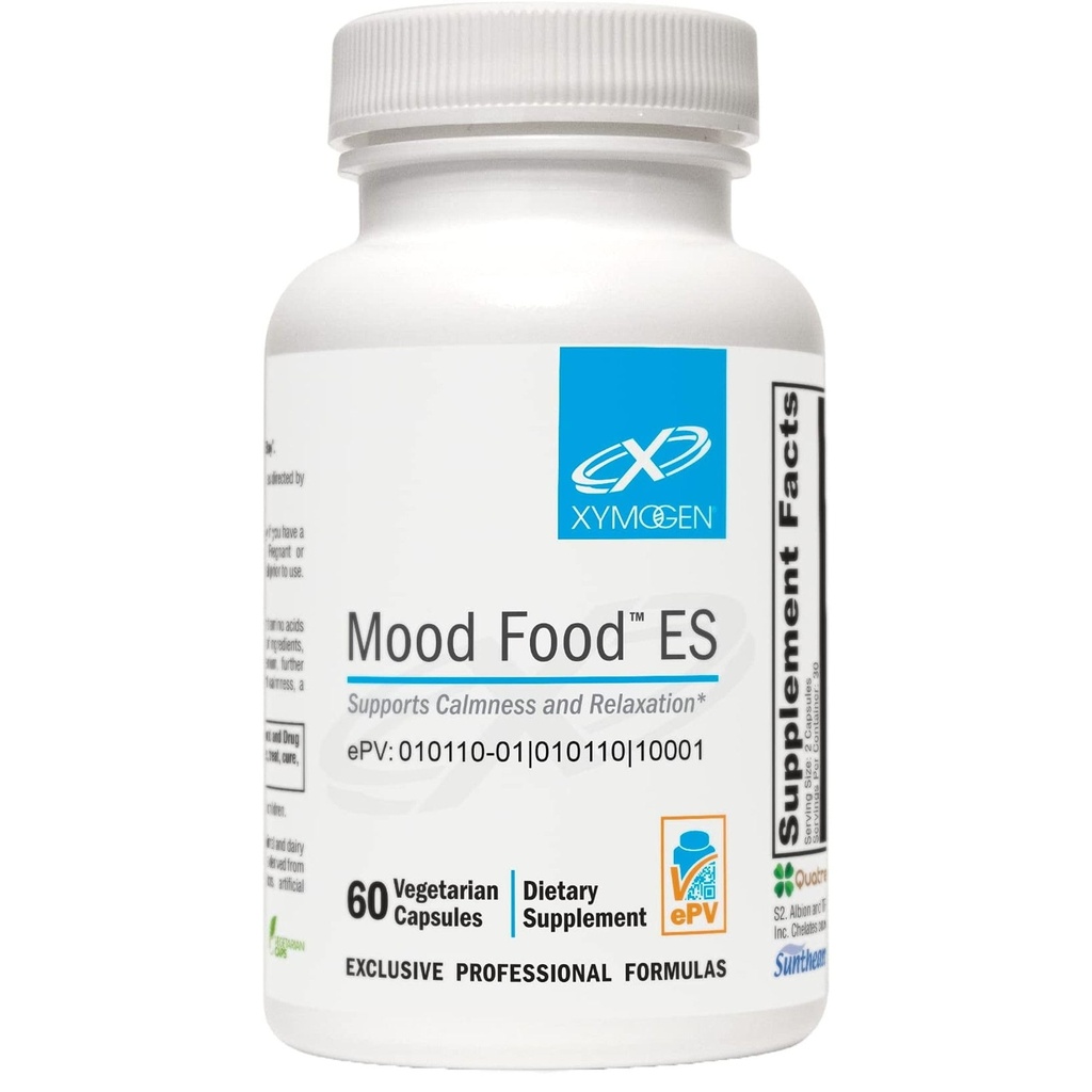 XYMOGEN Mood Food ES - Υποστηρίζει την ηρεμία, χαλάρωση και μια υγιής διάθεση με ενεργό φολικό, βιταμίνες Β, 5-HTP, GABA, Ορυκτά, Suntheanine L-Θεανίνη, Σελήνιο (60 κάψουλες)