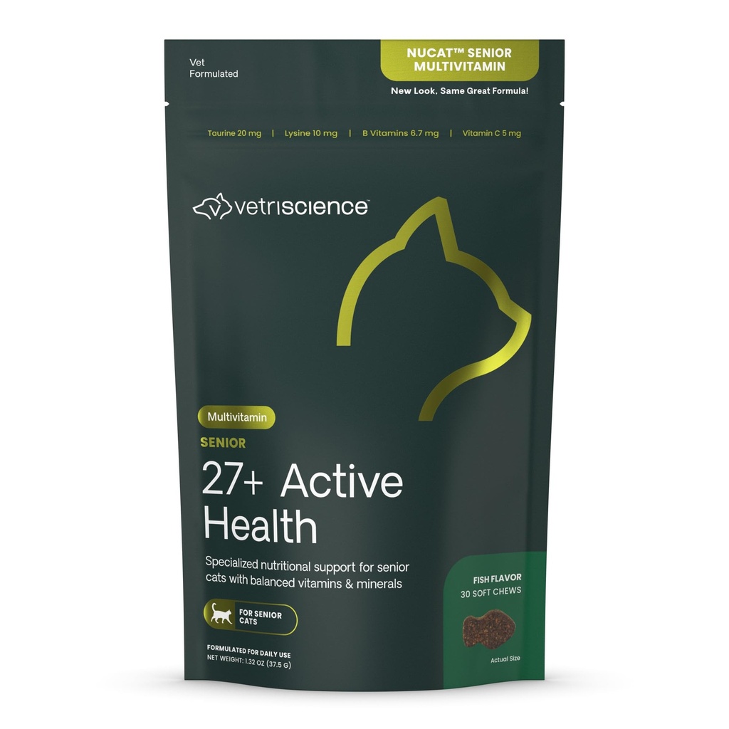 VetriScience Senior 27+ Active Health Chews, Nu Cat Daily Multivitamin for Senior Cats, Ισορροπημένες Βιταμίνες, Ορυκτά και Αντιοξειδωτικά, Υγιεινή γήρανση και υποστήριξη ευεξίας, Ψάρια, 30 Count