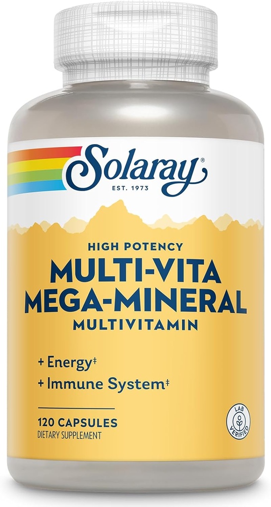 SOLARAY Multi-Vita Mega-Mineral Πολυβιταμίνη για γυναίκες και άνδρες με βιταμίνη D, βιταμίνη C, μαγνήσιο, ψευδάργυρο και πολλά άλλα - Ενέργεια και ανοσοποιητικό σύστημα Υποστήριξη - 60-Day Εγγύηση - 30 Σερβιέτες, 120 κάψουλες