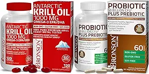 Bronson Probiotic 50 Δισεκατομμύρια CFU + Προβιοτικό με πολυφαινόλες της μήλου & ανανά Extrac ελαίου κριλ Ανταρκτικής 1000 mg με Omega-3s EPA DHA