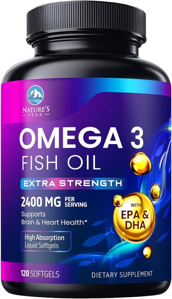 Ωμέγα 3 Fish Oil 2400 mg συμπλήρωμα, με βιώσιμη προέλευση, τριπλή δύναμη Omega-3 συμπλήρωμα Softgels, Brain Health Support, EPA & DHA Fish Oil λιπαρά οξέα συμπληρώματα, γλουτένη & GMO δωρεάν, 120 Softgels
