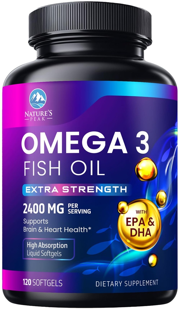 Ωμέγα 3 Fish Oil 2400 mg συμπλήρωμα, με βιώσιμη προέλευση, τριπλή δύναμη Omega-3 συμπλήρωμα Softgels, Brain Health Support, EPA & DHA Fish Oil λιπαρά οξέα συμπληρώματα, γλουτένη & GMO δωρεάν, 120 Softgels