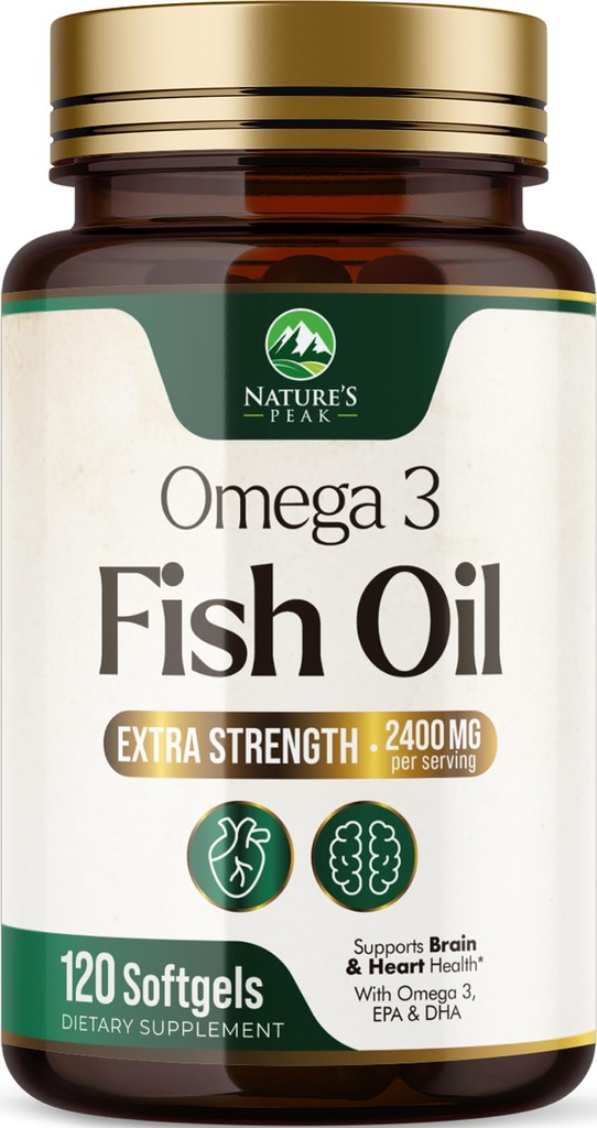 Omega 3 Fish Oil Supplements - 2400mg Fish Oil Per Serving - Triple Strength Omega-3 with Fatty Acids EPA & DHA - Natural Heart, Brain & Immune Support - Wild Caught, Bottled in USA - 120 Softgels