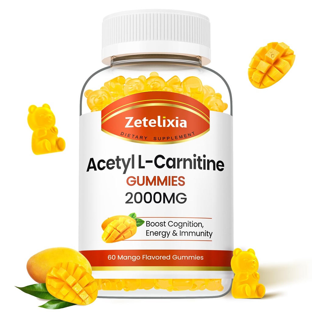 Acetyl L-Καρνιτίνη Gummies, L-Καρνιτίνη συμπλήρωμα για γυναίκες & άνδρες, συμπλήρωμα διατροφής για την ενίσχυση της ενέργειας, Ανοσία & Εγκεφαλική Υγεία, Vegan, μη GMO, Mango Γεύση, 60 Count