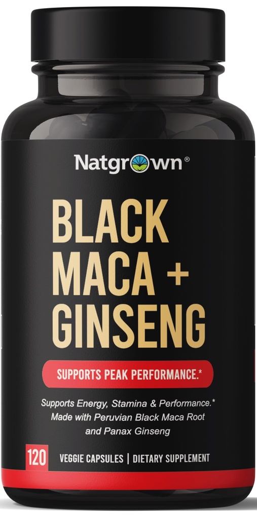 Natgrowed Μαύρο Maca Root + Panax Ginseng Κάψουλες σκόνη 1500 mg με Μαύρο Περουβιανό Maca Root & Κορεάτικο συμπλήρωμα Panax Ginseng για άνδρες και γυναίκες - χάπια Vegan (120 Count)