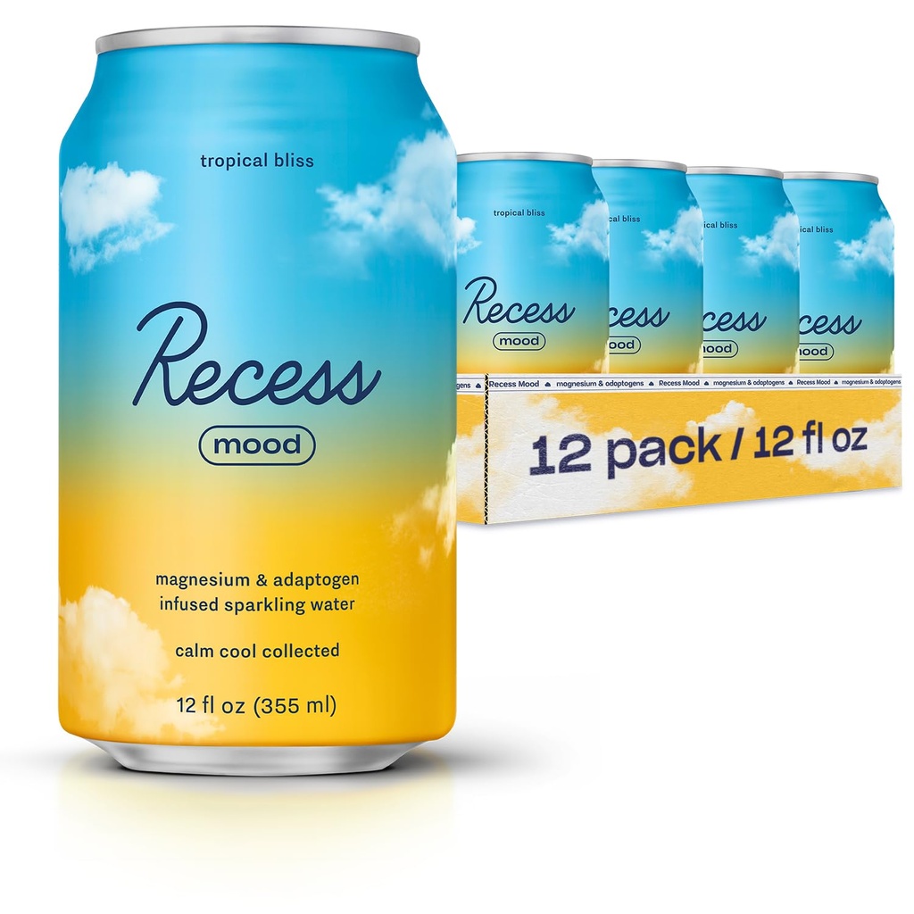Recess Mood Magnesium & Adaptogen Drink, Relaxation Beverage, 12 Ουγγιά (Tropical Bliss, 12 Pack)