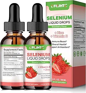 Selenium Liquid Drops - 200mcg Liquid Selenium Supplement with Vitamin B Complex & Zinc - Support for Immune System, Antioxidant & Heart Health, High Absorption - Strawberry Flavor, 2 Fl Oz