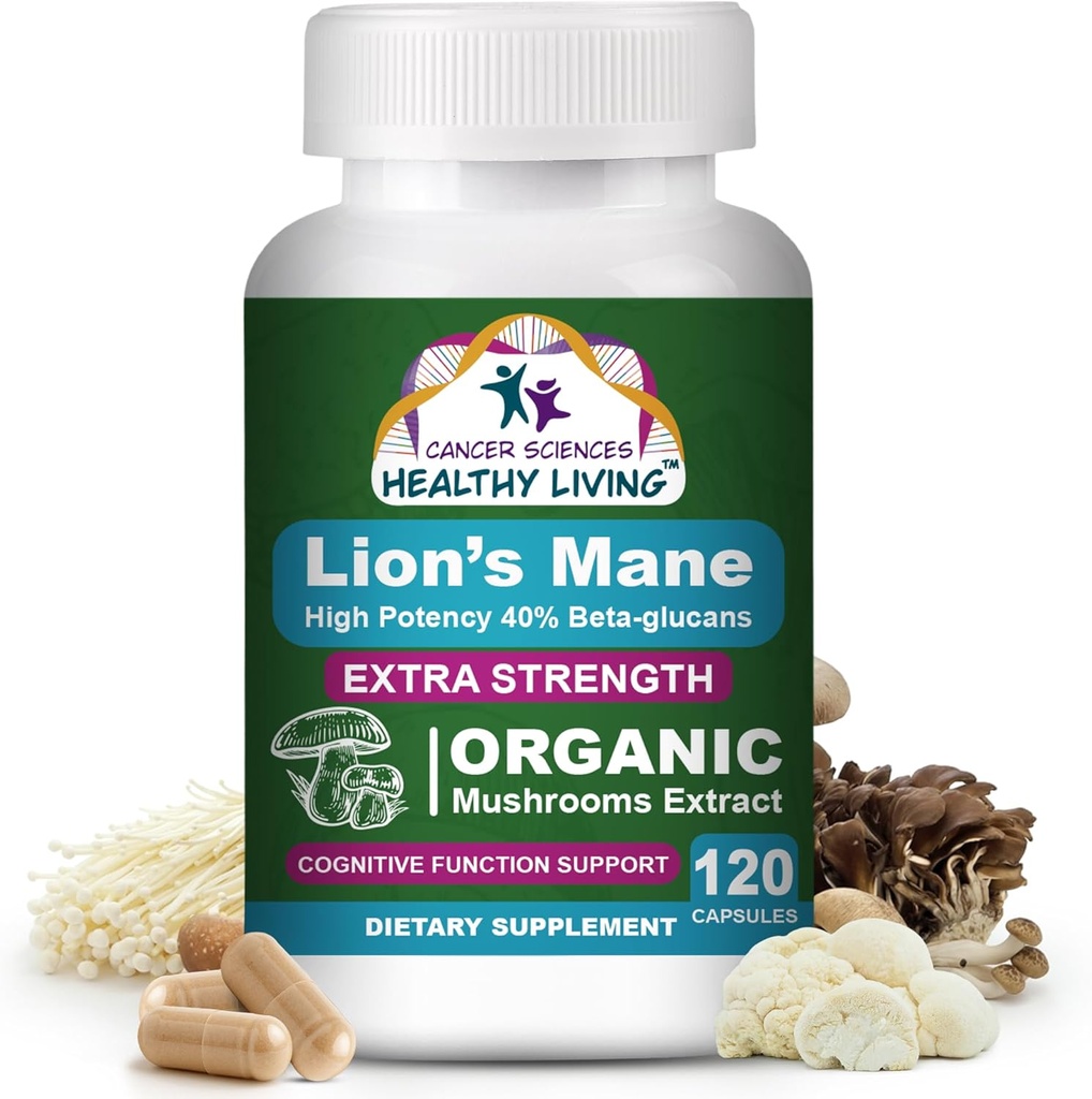 Cancer Sciences Organic Lions Mane Mushroom Supplement Capsules for Men & Women - 1.500mg Συμπληρώματα εγκεφάλου για Μνήμη & Εστίαση - Υψηλή ισχύς 40% Beta-Glucans - Nootropic Mushroom Complex, 120 Count