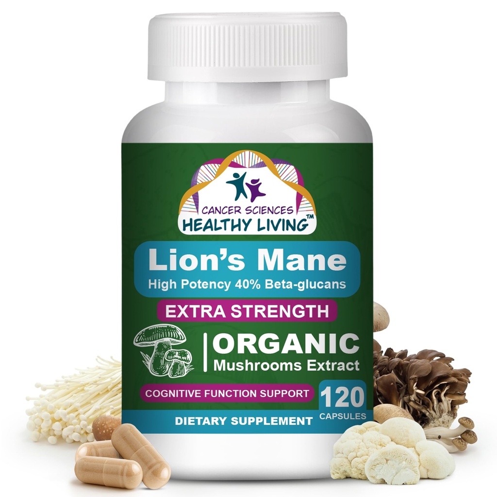 Cancer Sciences Organic Lions Mane Mushroom Supplement Capsules for Men & Women - 1.500mg Συμπληρώματα εγκεφάλου για Μνήμη & Εστίαση - Υψηλή ισχύς 40% Beta-Glucans - Nootropic Mushroom Complex, 120 Count
