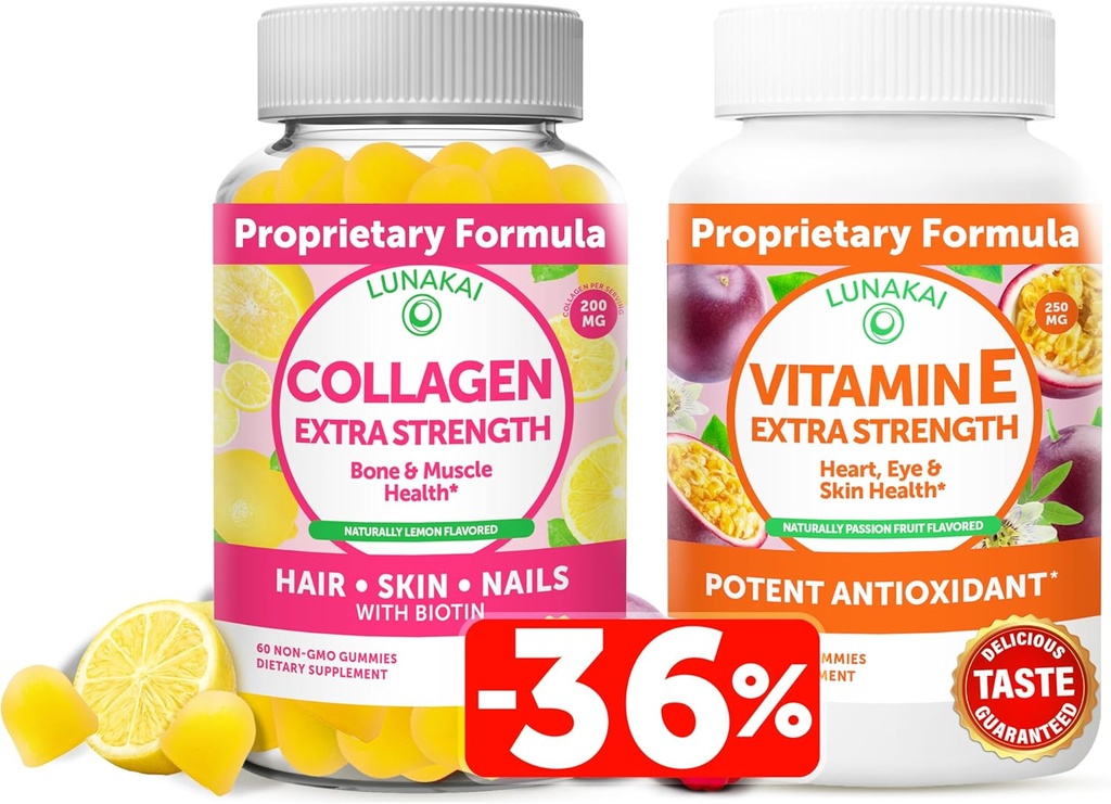 Lunakai Collagen and Vitamin E Gummies Bundle - Συμπληρώματα Αντιγήρανσης για Άνδρες & Γυναίκες - Φυσικό Gummy με Βιταμίνη C & 250 mg Φυσικό VIT E