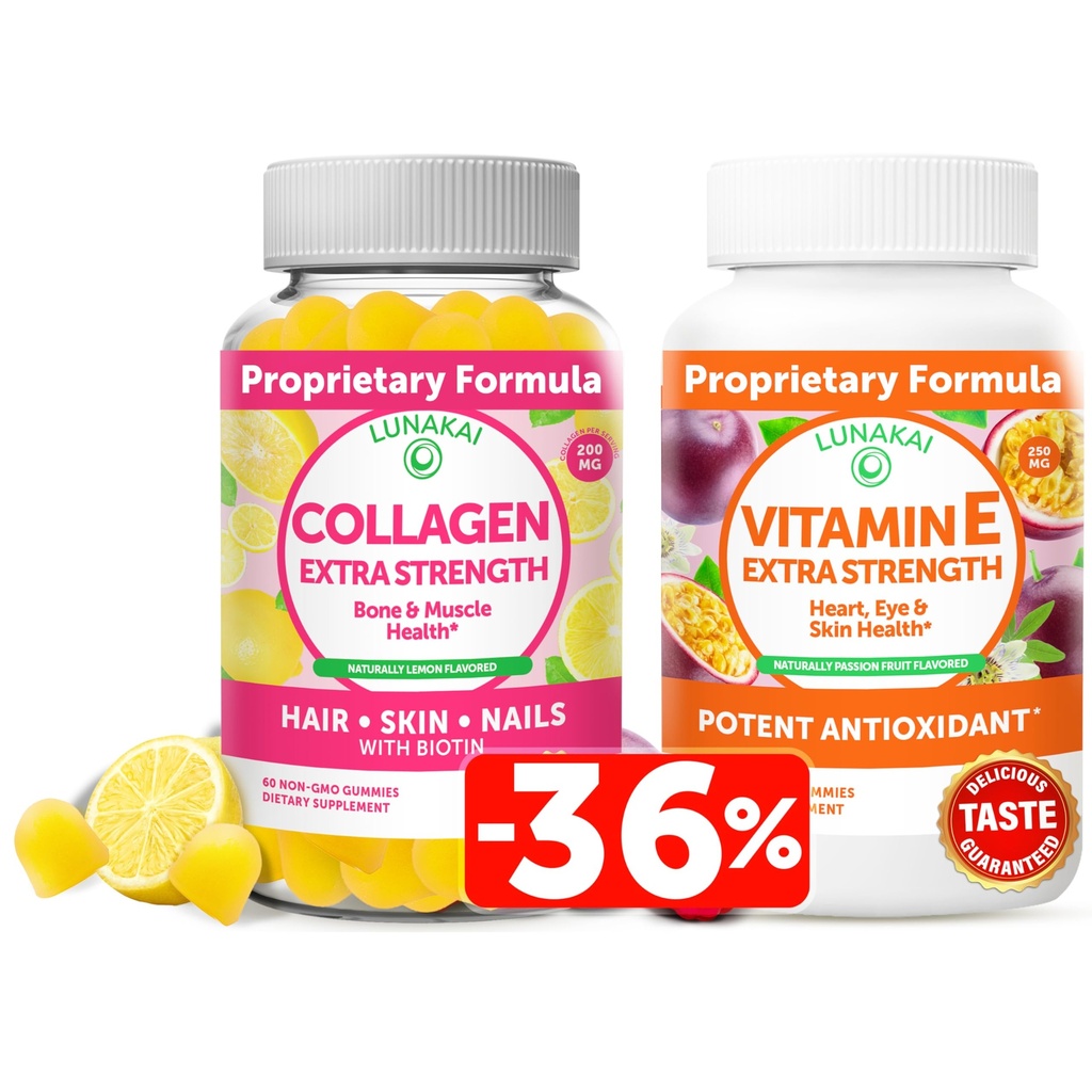 Lunakai Collagen and Vitamin E Gummies Bundle - Συμπληρώματα Αντιγήρανσης για Άνδρες & Γυναίκες - Φυσικό Gummy με Βιταμίνη C & 250 mg Φυσικό VIT E