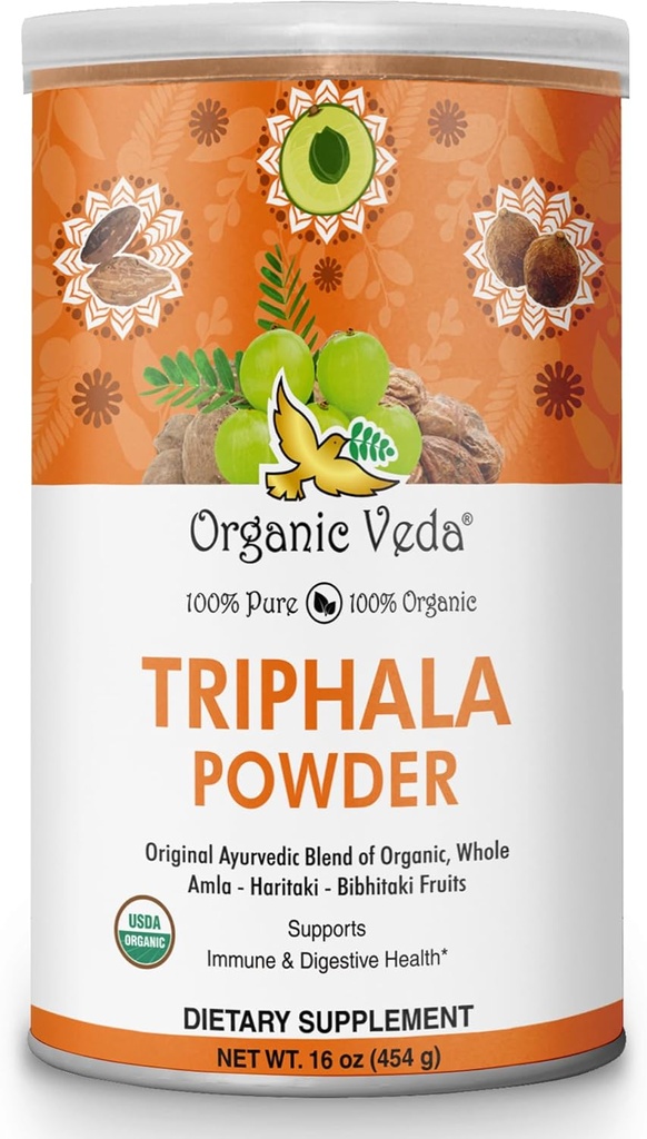 Βιολογική Veda Triphala Σκόνη με Άμλα, Χαριτάκη, Bibhitaki Φρούτα - 100% Φυσική Ayurvedic Triphala Σκόνη - Βελτιώνει την Ανοσολογική Υποστήριξη, Digetion, Colon Cleanse, Skin Health - Vegan, Non-GMO - 16oz