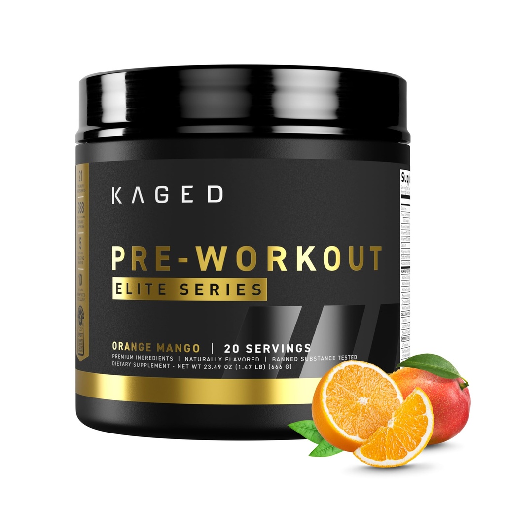 Kaged Pre Workout Elite Powder | Orange Mango | Pre-Workout with Creatine, Beta Alanine, L-Citrulline, BCAAs | 388 mg Organic Caffeine | Pre Supplements for Men & Women | 20 Servings
