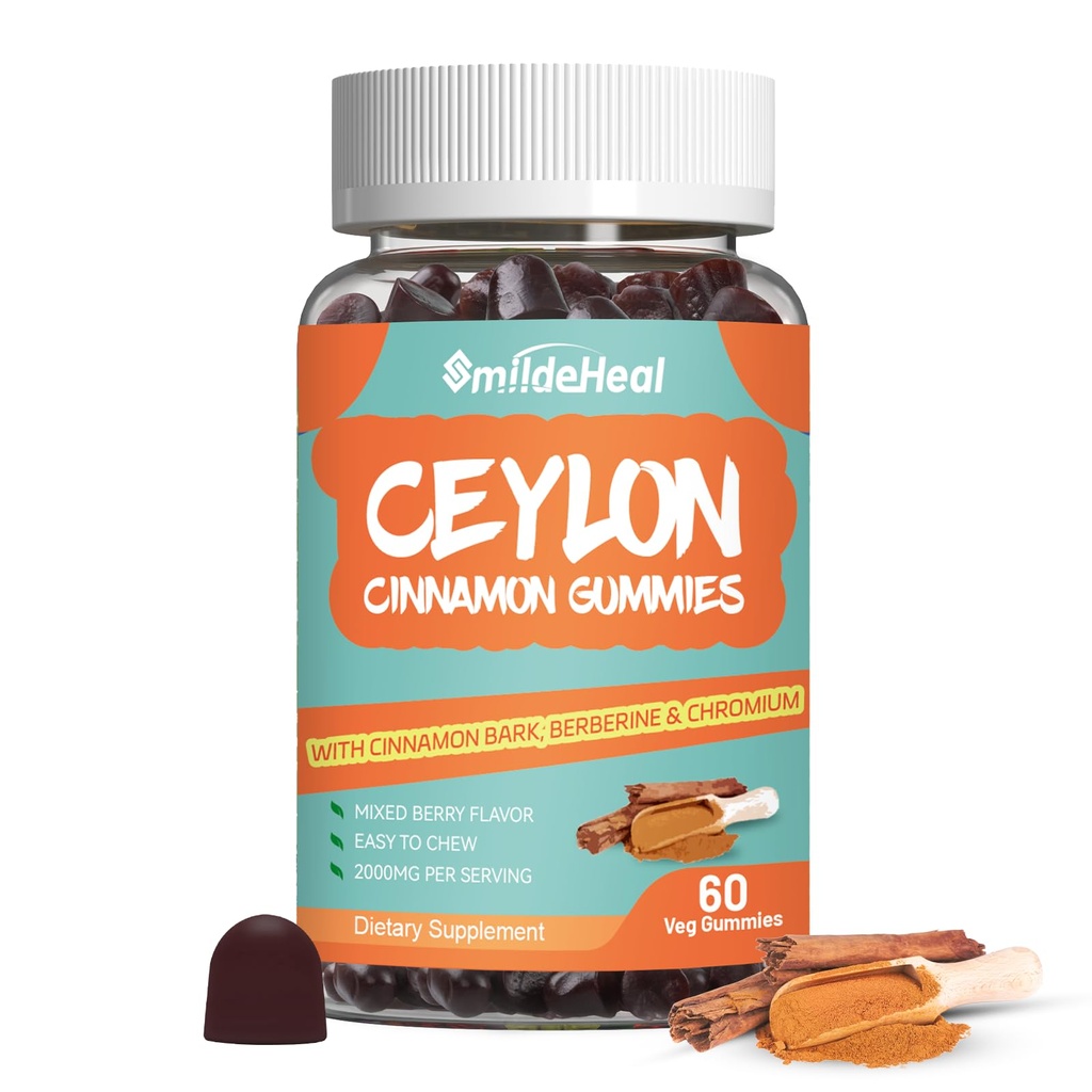 Χωρίς ζάχαρη Κεϋλάνη Κανέλα Gummies 2000MG, Συμπληρώματα κανέλας με Χρώμιο και Κανέλα Bark, Vegan, Μη ΓΤΟ, Χωρίς γλουτένη, 60 Gummies
