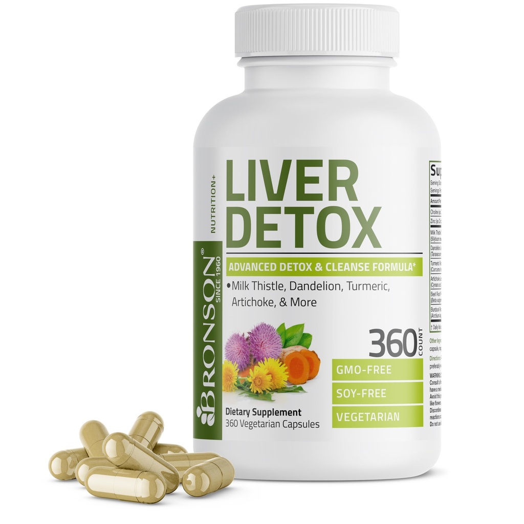 Bronson Liver Detox Advanced Detox & Cleansing Formula υποστηρίζει τη λειτουργία του ήπατος υγείας με το κριθάρι γάλακτος, ρίζα δαντελίων, κουρκουμά, φύλλο Artichoke & More, μη ΓΤΟ, 360 κάψουλες χορτοφαγικών