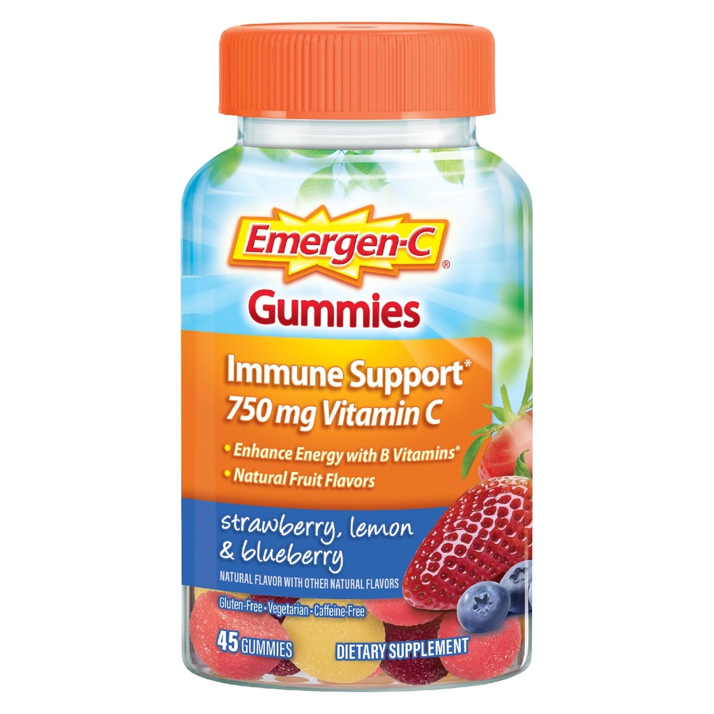 Emergen-C 750mg Βιταμίνη C Gummies για ενήλικες, ανοσοποιητική υποστήριξη Gummies, χωρίς γλουτένη, φράουλα, λεμόνι και βατόμουρο Γεύσεις - 45 Count