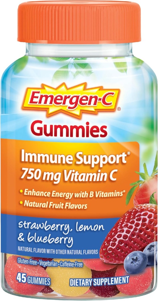 Emergen-C 750mg Vitamin C Gummies for Adults, Immune Support Gummies, Gluten Free, Strawberry, Lemon and Blueberry Flavors - 45 Count