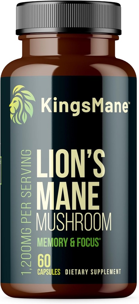 KingsManeTM Mane Mushroom συμπλήρωμα, Μνήμη, Εστίαση, & Καθαρότητα του εγκεφάλου, 1200mg, 60 κάψουλες