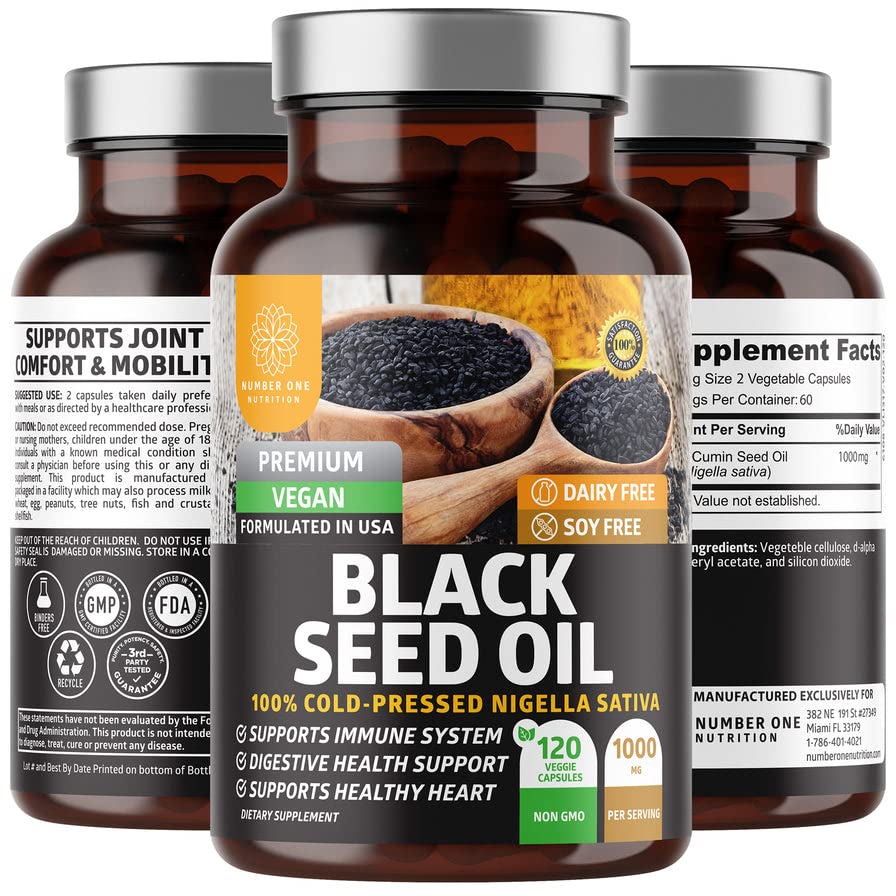 Number One Nutrition N1N Premium Black Seed Oil [Max Strength, 1000 mg] 100% Cold-Pressed Nigela Sativa to Support Digestion, Immune System and Joint Comfort and Mobility, 120 Caps