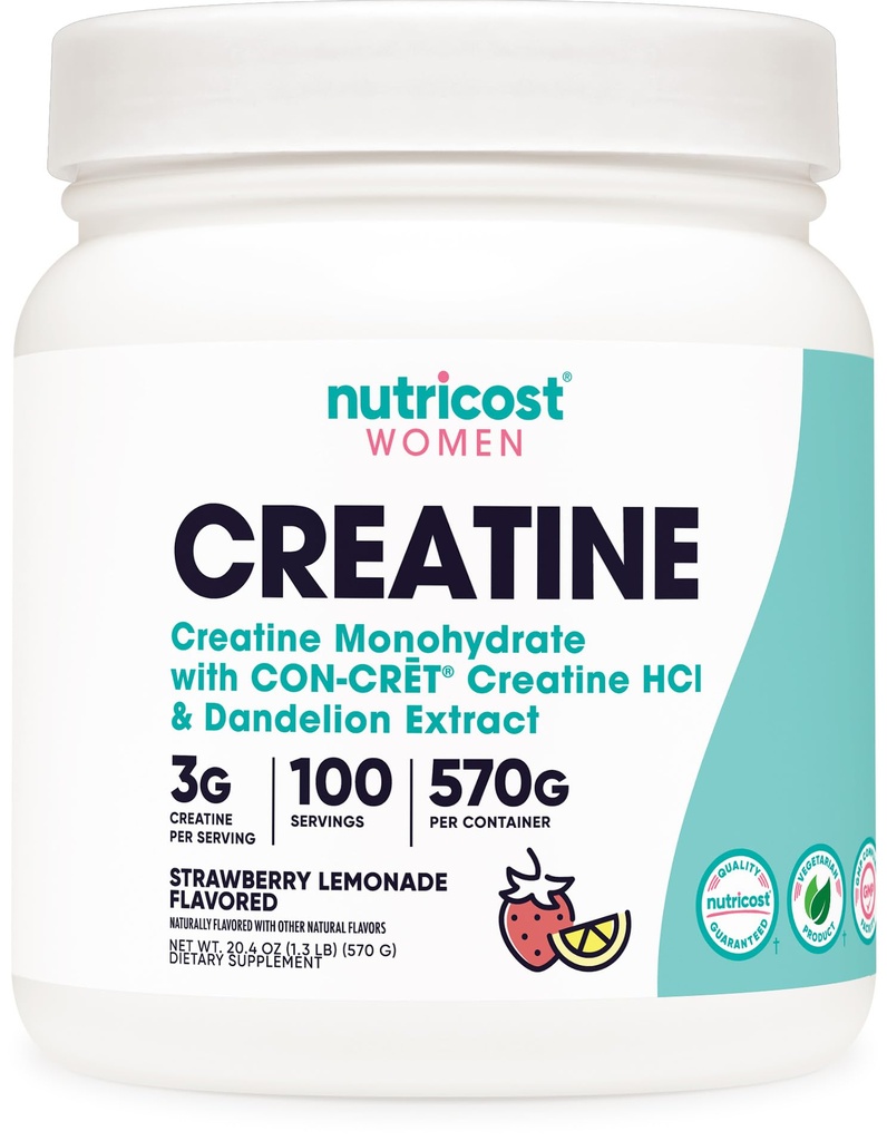 Nutricost Creatine Monohydrate Σκόνη για γυναίκες, Μικρονωμένα, Λεμονάδα Φράουλα, 100 Σερβιρίσματα - Χορτοφαγική, Μη ΓΤΟ, Χωρίς Γλουτένη