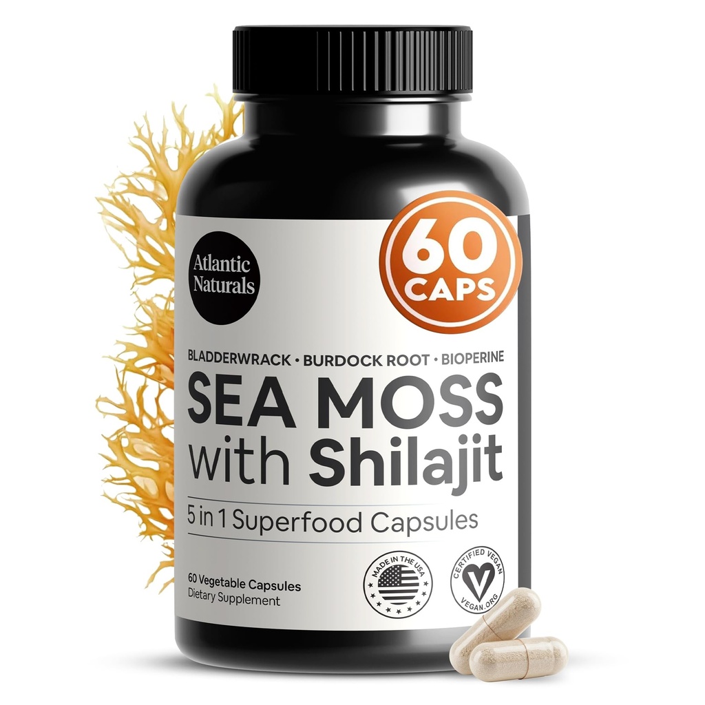 Sea Moss και Shilajit Κάψουλες Atlantic 5-σε-1 Seamoss Shilajit Combo με Bladderwrack, Burdock Root & Black Pepper – Sea Moss Συμπληρώματα για Απορρόφηση & Ζωτικότητα – 2705 mg – 60 Count
