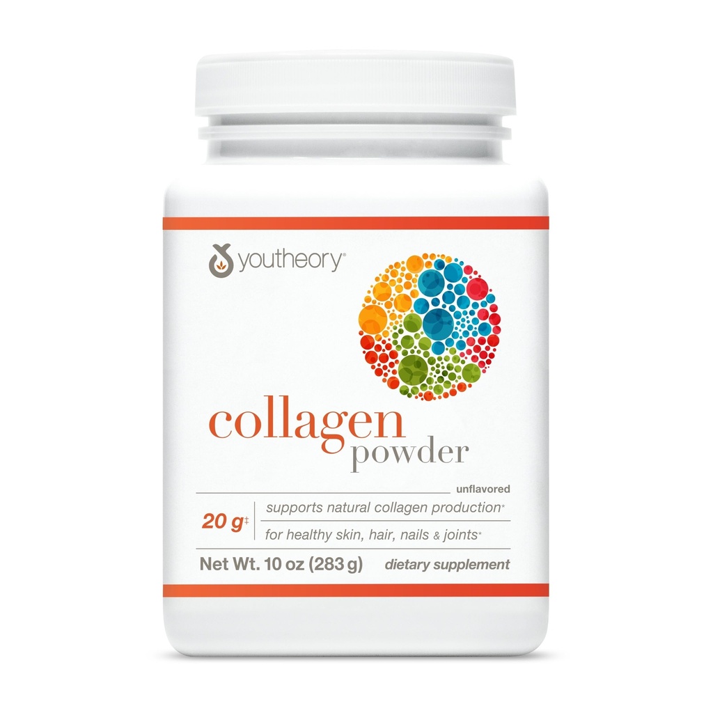 Youtheory Collagen Powder - με Αμινοξέα, Ορυκτά, Βιταμίνη C & B7 (Biotin) - Υποστηρίζει υγιή οστά, μύες, μαλλιά, νύχια, δέρμα & αρθρώσεις* - Hydrolyzed - Unflaved - 10 oz (10 Services)