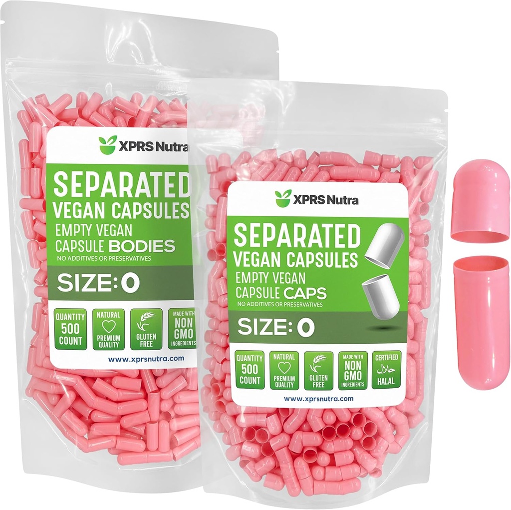 XPRS Nutra Vegan Size 0 Separated Capsules - 500 Count Premium Empty Capsules Separated in Bags - Pills 0 Empty for DIY Supplement Filling (Pink)