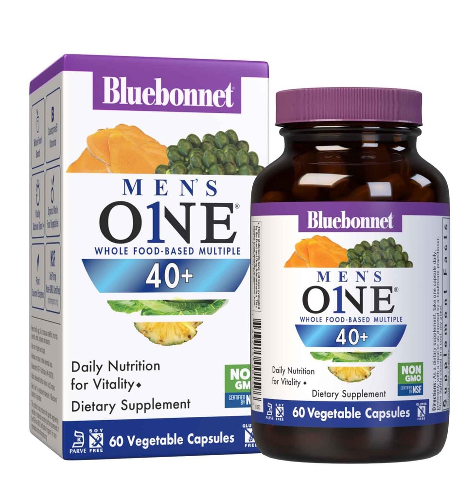 Διατροφή Bluebonnet Mens' One 40+ Full Food-based Multivitamin for Men 40+, Χωρίς σόγια, Χωρίς γλουτένη, Kosher, 60 κάψουλες λαχανικών, 60 εξυπηρετούν