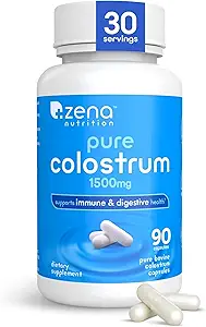 Zena Nutrition Pure Colostrum Capsules, 1500mg συμπλήρωμα, Grass Fed Bovine Colostrum, Υποστηρίζει την ανοσοποιητική και επιπεφυκτική υγεία, προωθεί την υγεία των ορνίθων, χωρίς γλουτένη, χωρίς λίπος, 1 μήνα προσφοράς, 90 κάψουλες