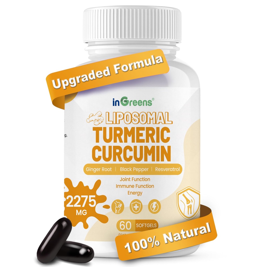 Turmeric Συμπλήρωμα 2275mg, 95% Κουρκουμίνη, Λιποσωμική Κουρκουμίνη για την καλύτερη απορρόφηση, συμπλήρωμα κουρκουμίνης για την κοινή υποστήριξη, εμφιαλωμένο στις ΗΠΑ - 60 Softgels