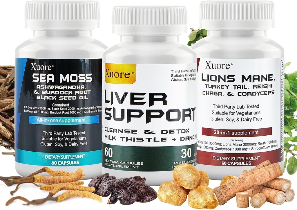 Sea Moss, Black Seed Oil, Mushroom & Herb Supplement with Lions Mane, Turkey Tail, Reishi, Cordyceps, Chaga, And Liver Cleanse and Detox & Repair - with Milk Thistle , All In One Supplment (3 πακέτα).