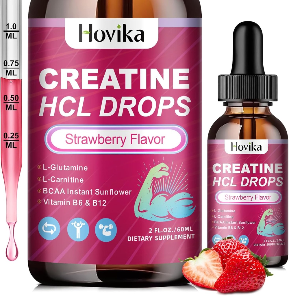 Creatine HCL Υγρές σταγόνες για άνδρες & γυναίκες, Υδροχλωρική κρεατίνη με L-καρνιτίνη, L-Γλουταμίνη, BCAA, Βιταμίνη B12 & B6 για την ανάπτυξη των μυών, την προώθηση της ενέργειας & ανάκτηση-Vegan, τη γεύση φράουλας, 2 Fl Oz
