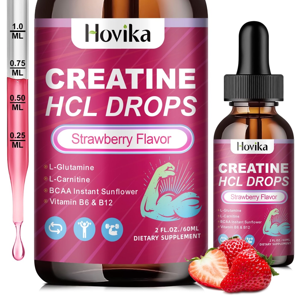 Creatine HCL Υγρές σταγόνες για άνδρες & γυναίκες, Υδροχλωρική κρεατίνη με L-καρνιτίνη, L-Γλουταμίνη, BCAA, Βιταμίνη B12 & B6 για την ανάπτυξη των μυών, την προώθηση της ενέργειας & ανάκτηση-Vegan, τη γεύση φράουλας, 2 Fl Oz