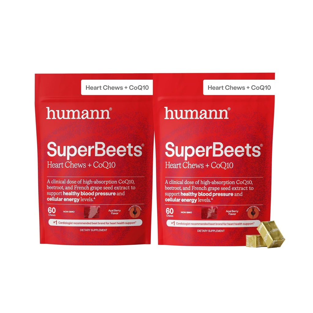 HumanN SuperBeets 3-in-1 Heart Chews - 3X Absorption CoQ10 - Plus Beetroot & Grape Seed Extract, Blood Pressure Support, Support Healthy Blood Flow, Circulation, 120 Count