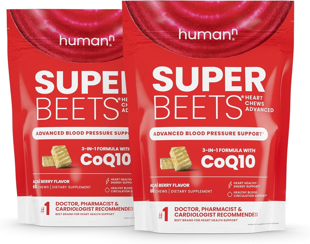HumanN SuperBeets Heart Chews Advanced - 100mg CoQ10 Plus Beetroot & Grape Seed Extract, 120 Count