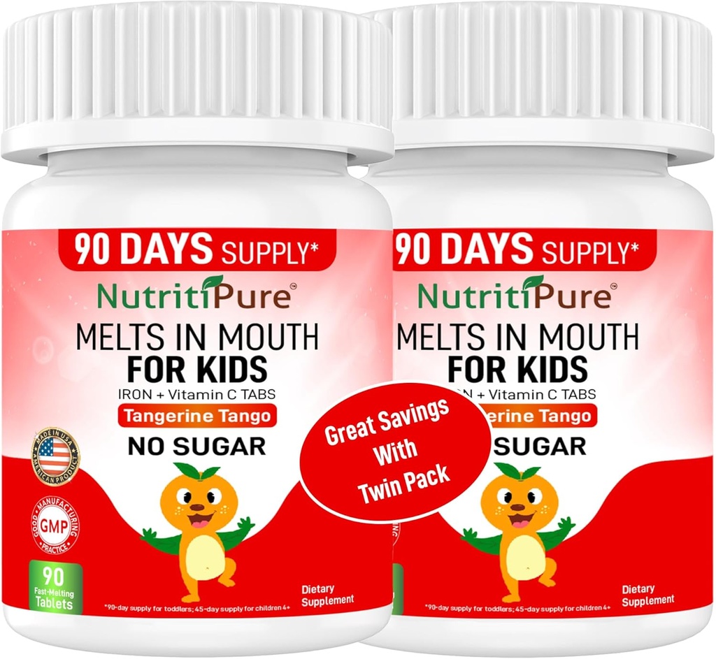 Chewable Iron Supplements for Kids (Ferronyl®/Carbonyl Iron 9 mg with Vitamin C 30 mg) Tablet in Tangerine Tango Orange Flavor Kids Supplement 90 Count (2 Bottles)