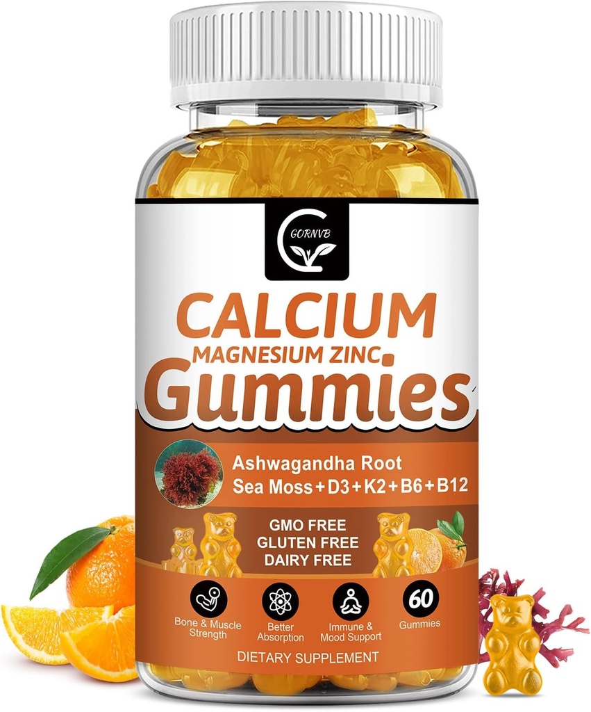 1200mg Ασβέστιο Gummies με βιταμίνη D3,K2,B12 & B6 - Συμπλέγματος ασβεστίου φυτών Συμπλέγματος με γλυκινικό,Potassium,Sea Moss,Ashwagandha Root for Bone & Teeth Strength, Mus & Immune