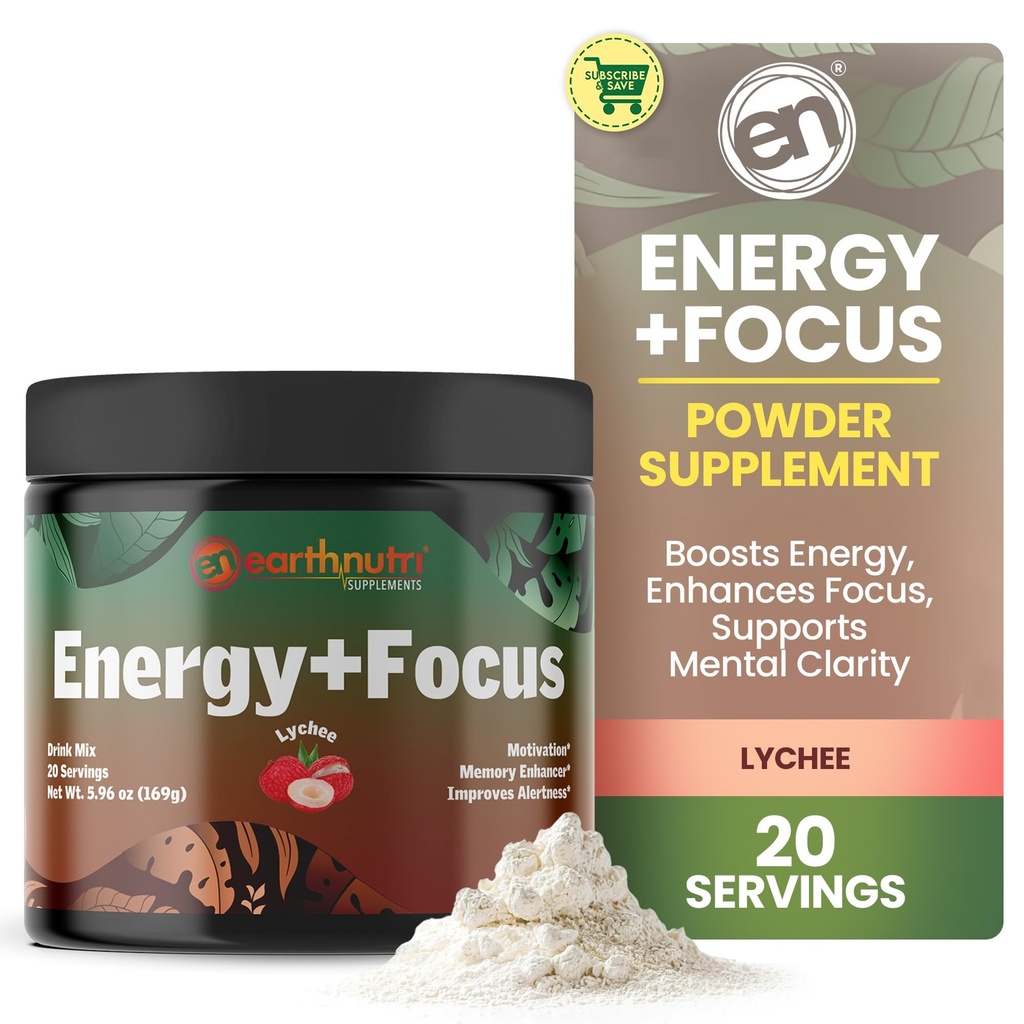 EarthNutri Energy + Focus Powder Supplement - Ενέργεια Boost & Βοηθά τη συγκέντρωση με PeakO2, AlphaSize, Cognizin, PurCaf, Theacrine, Acetyl L-Καρνιτίνη L-Τυροσίνη – Lychee Flavor - 20 Μερίδες (171g)