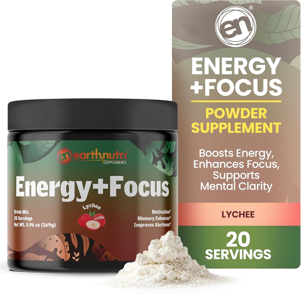 EarthNutri Energy + Focus Powder Supplement - Ενέργεια Boost & Βοηθά τη συγκέντρωση με PeakO2, AlphaSize, Cognizin, PurCaf, Theacrine, Acetyl L-Καρνιτίνη L-Τυροσίνη – Lychee Flavor - 20 Μερίδες (171g)