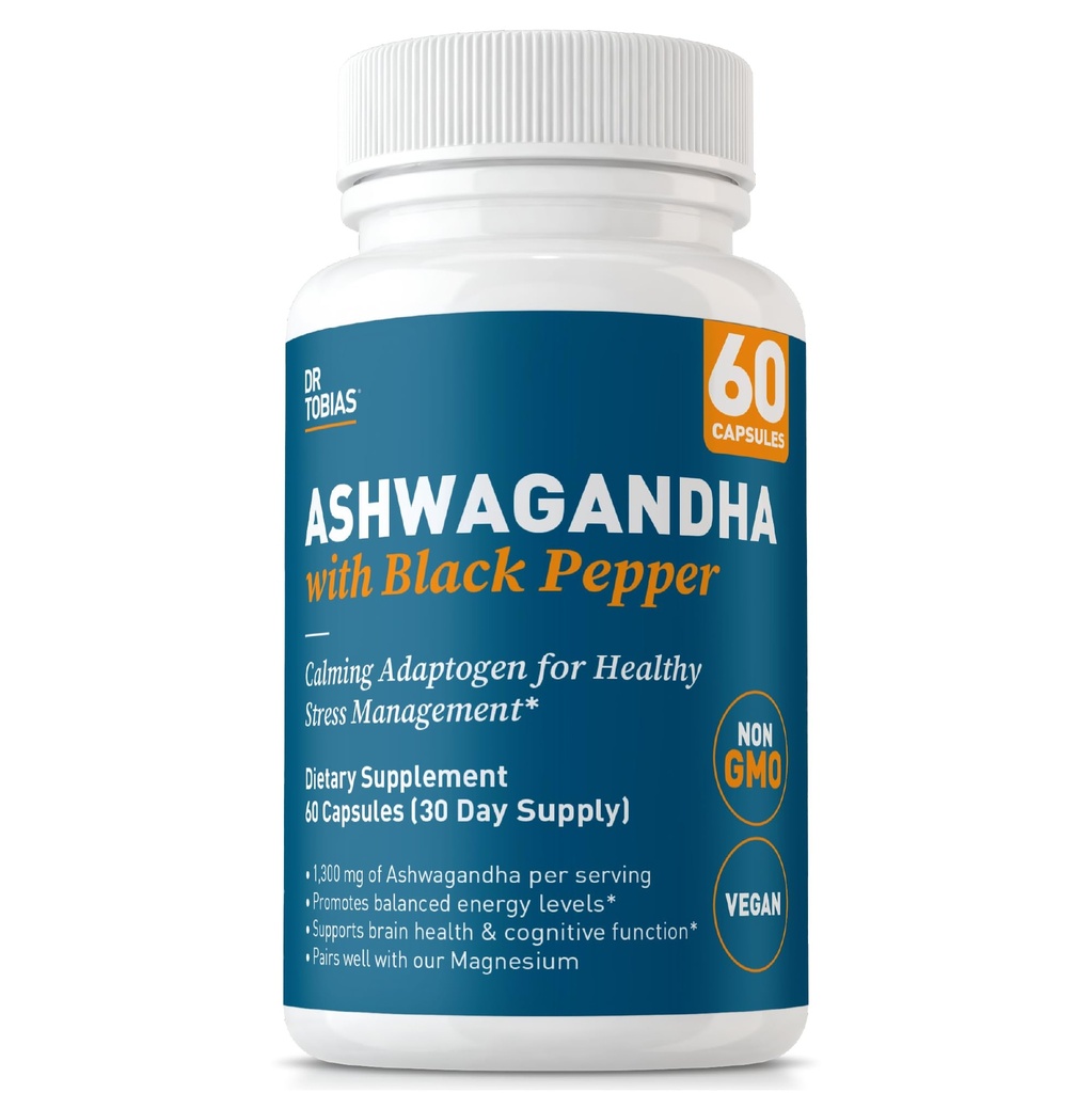 Δρ Tobias Ashwagandha κάψουλες, 1300mg Βιολογικό εκχύλισμα ρίζας Ashwagandha ανά υπηρεσία με μαύρο πιπέρι, ηρεμώντας προσαρμογόνο, ενέργεια & συμπλήρωμα εστίασης, 60 κάψουλες χορτοφάγων