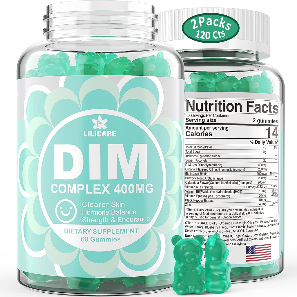 Συμπλήρωμα DIM Γυναίκες 400mg, Συμπλήρωμα οιστρογόνων για γυναίκες, χωρίς ζάχαρη DIM Gummies για άνδρες και γυναίκες + Βιοτίνη, έλαιο λιναρόσπορου, Burdock, Calendula, BioPerine για ισορροπία ορμονών, Εμμηνόπαυση & Prostate 120Cts