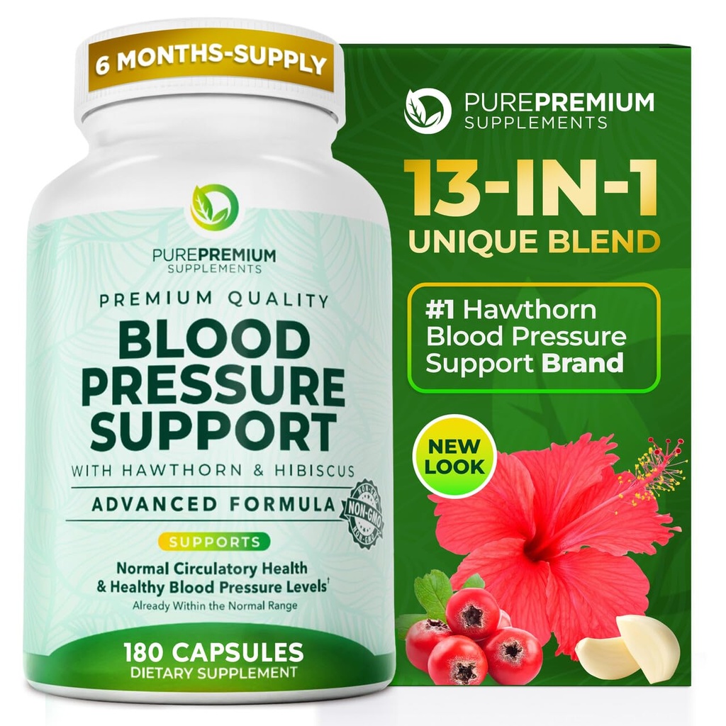 Συμπληρώματα πίεσης αίματος PurePremium με Hawthorn Berry, Hibiscus, Σκόρδο & Βιταμίνη B12- Συμπλήρωμα νιτρικού οξειδίου για τη φυσιολογική υγεία της καρδιάς, την κυκλοφορία Υγεία & την πίεση του αίματος Υποστήριξη - 180ct