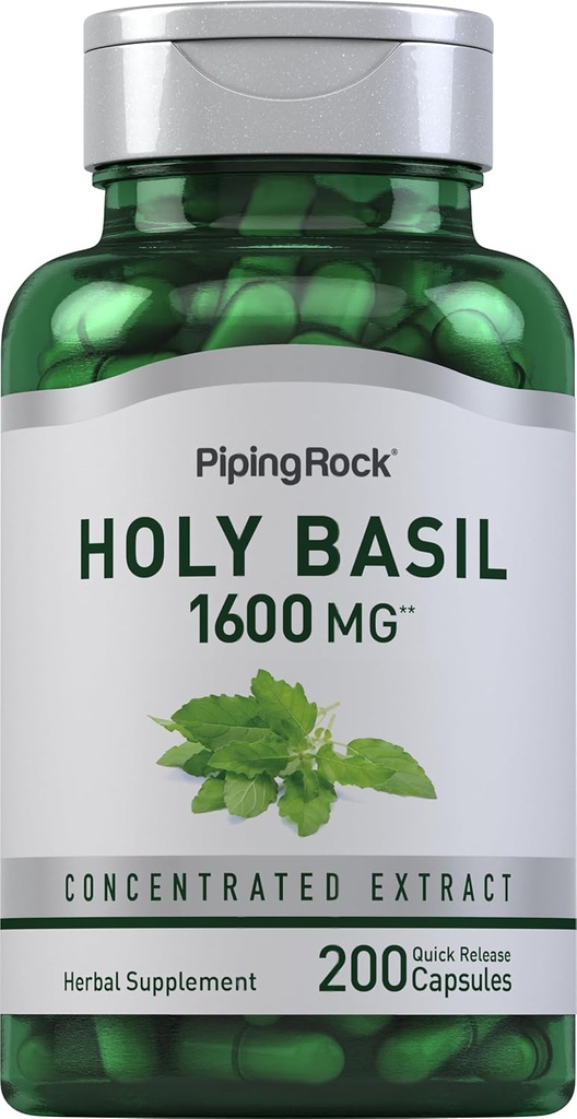 Piping Rock Holy Basil Capsules | 1600 mg | 200 Pills | Herb Leaf Extract | Supplement for Women and Men | Ocimum Tenuiflorum | Non-GMO, Gluten Free