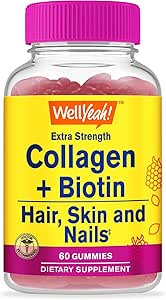 WellYeah Collagen with Biotin Gummies - Υποστηρίζει το δέρμα, τα μαλλιά, την υγεία των νυχιών, κοινή λειτουργία, πυκνότητα των οστών, μυϊκή ανάπτυξη, Γνωστική απόδοση - Χωρίς γλουτένη, GMO δωρεάν - 60 κόμης
