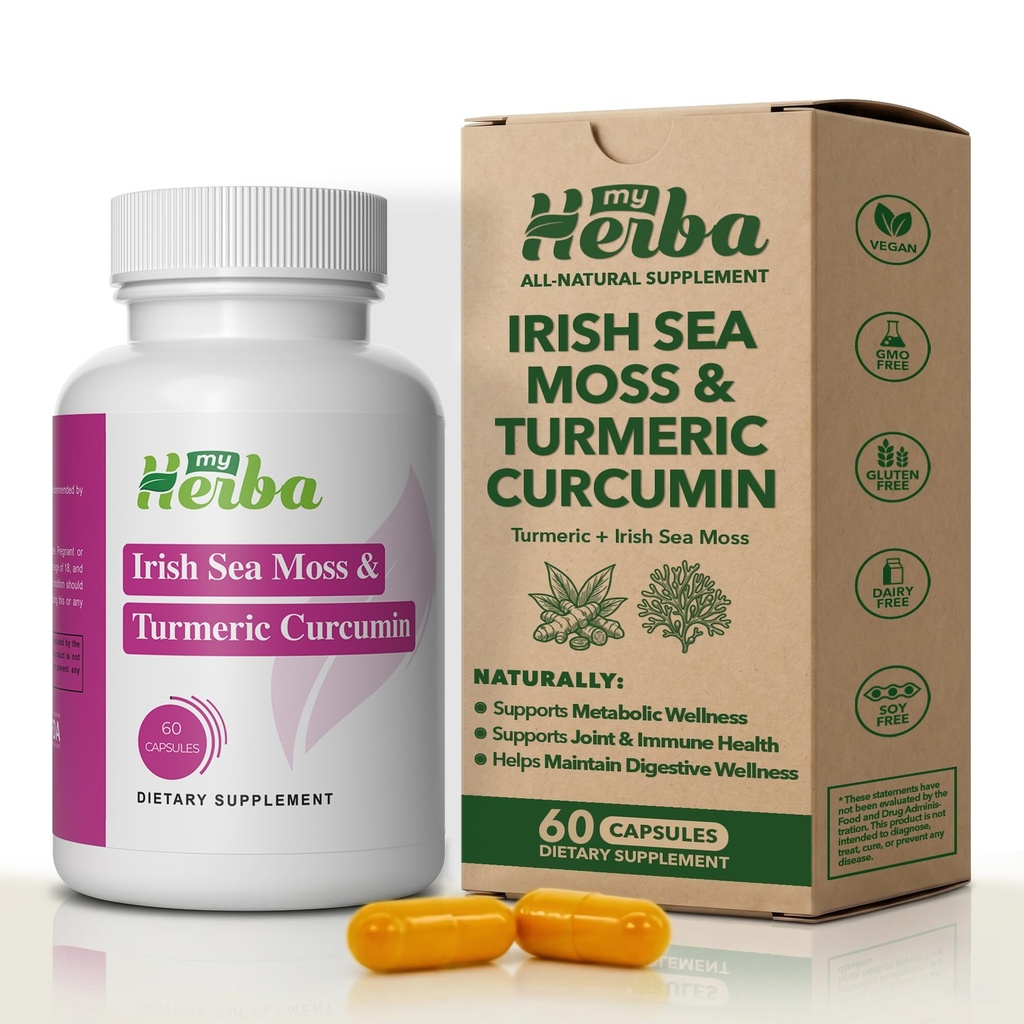 Sea Moss & Turmeric Curcumin Supplement - Vegan Formula with Organic Irish Sea Moss & Standardized Turmeric Extract (95% Κουρκουμινοειδή), Κοινή Υποστήριξη και Κινητικότητα για Ενήλικες, 60 Κάψουλες