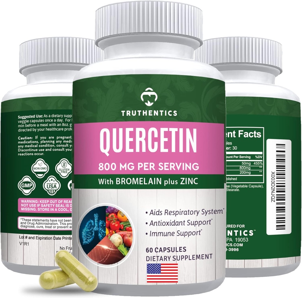 TRUTHENTICS Quercetin με Bromelain και Ψευδάργυρο 1050mg - Premium Zinc Quercetin συμπληρώματα για ανοσοποιητική, αναπνευστική & εποχική υποστήριξη - Μη ΓΤΟ, Χωρίς γλουτένη - 60 κάψουλες λαχανικών