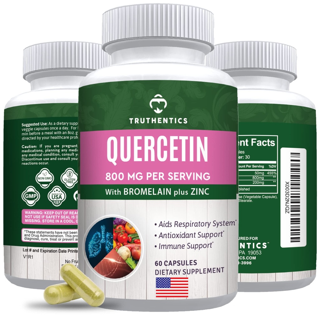TRUTHENTICS Quercetin με Bromelain και Ψευδάργυρο 1050mg - Premium Zinc Quercetin συμπληρώματα για ανοσοποιητική, αναπνευστική & εποχική υποστήριξη - Μη ΓΤΟ, Χωρίς γλουτένη - 60 κάψουλες λαχανικών