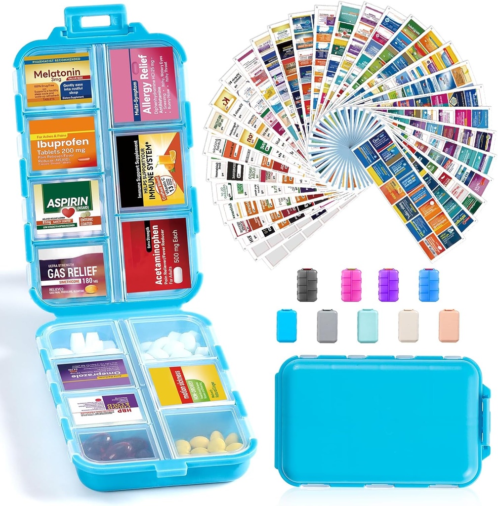 14 Grids Travel Pill Organizer Box με 415-PCs Medicine Name Labels - Pocket Daily Pharmacy Case Container Kit - Travel Medication Holder Dispenser for Fish Oil Vitamin Supplement Storage - Blue