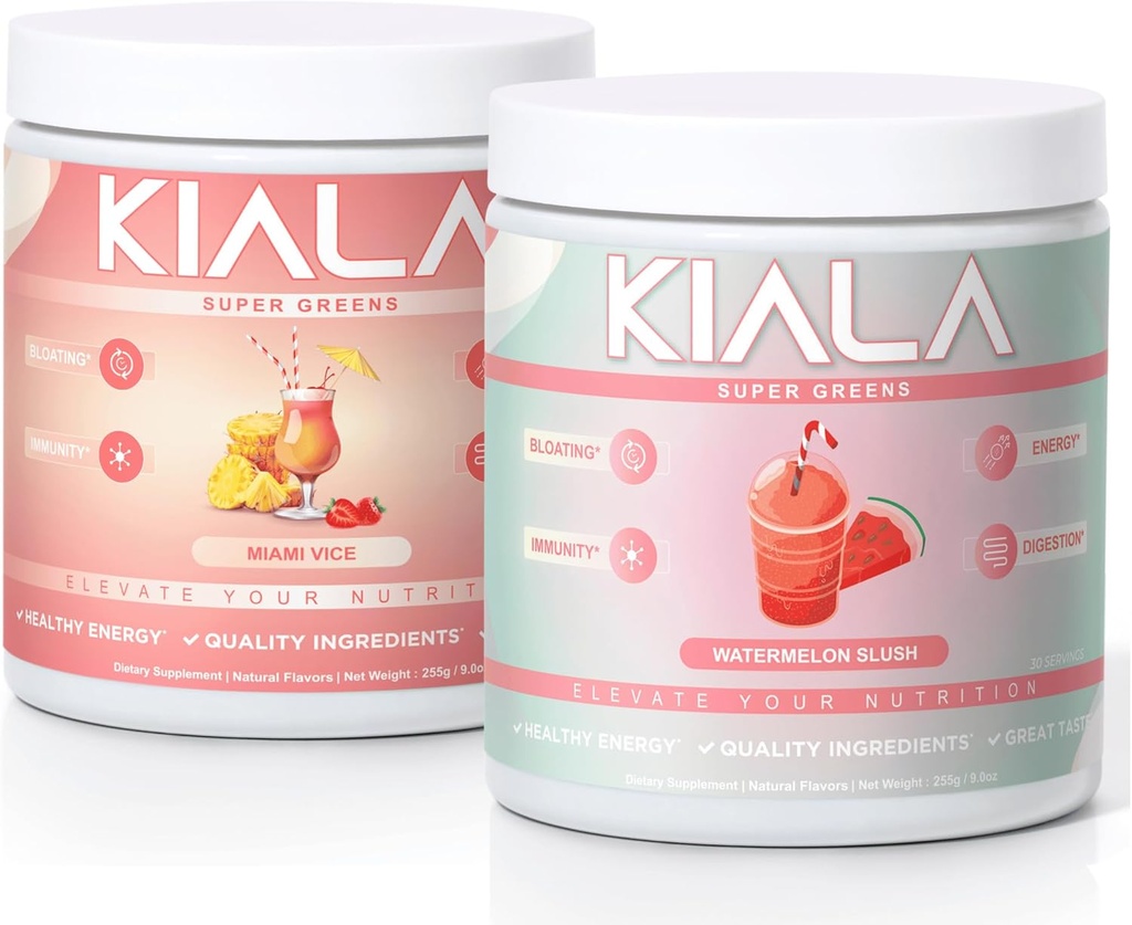 Διατροφή Kiala Super Greens, Βιολογικά Πράσινα Σκόνη, Spirulina & Chlorella Superfood Σκόνη, Ζάχαρη & Γλουτένη Χωρίς Vegan, Spectra Blend, Miami Vice, Watermelon Slush 2 Pack
